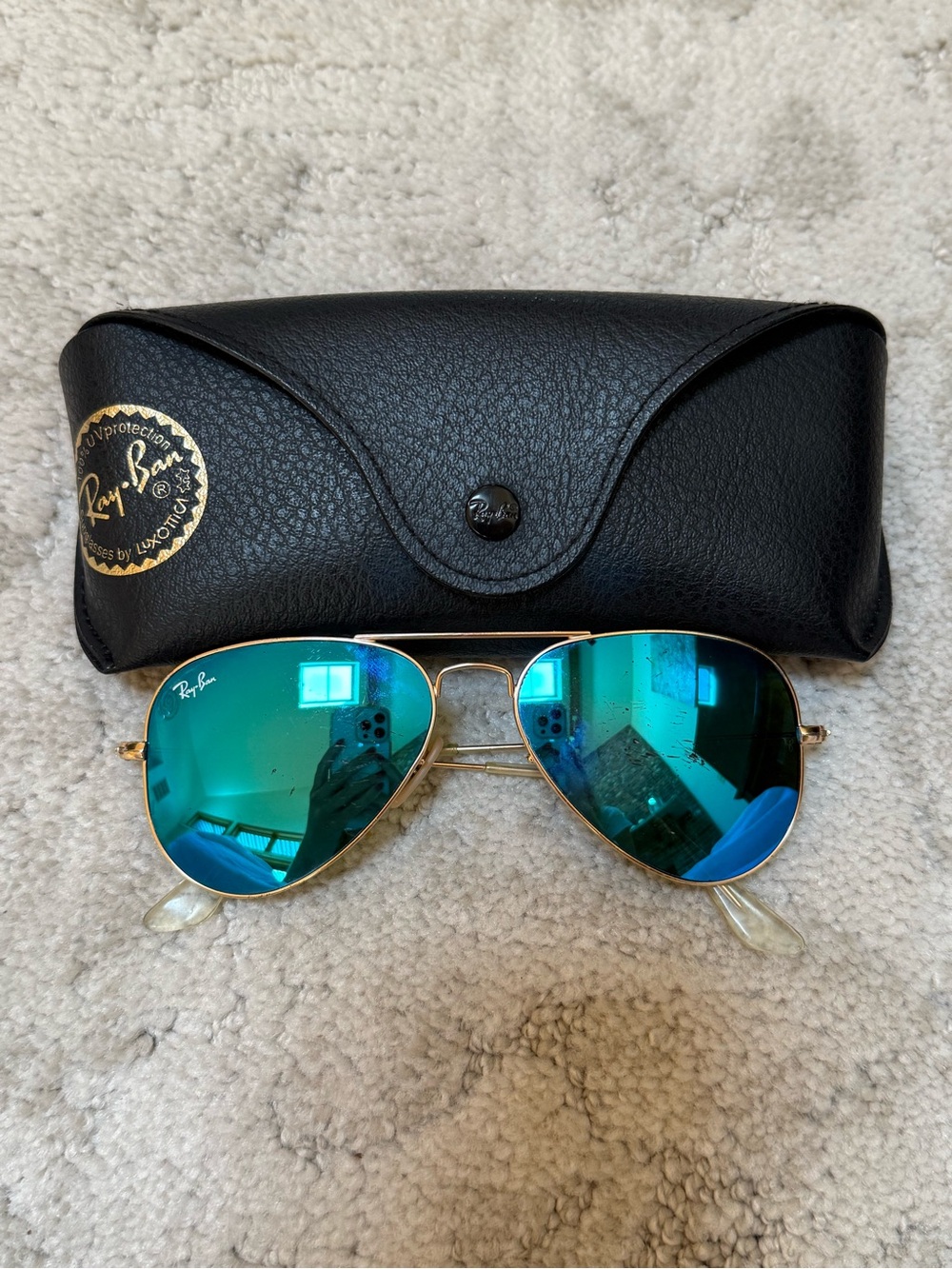 Ray-Ban Gold Frame Sunglasses with Blue-Green Mirrored Lenses